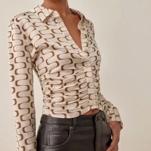 Reformation Cream and Brown Patterned Ruched Button-Up Blouse